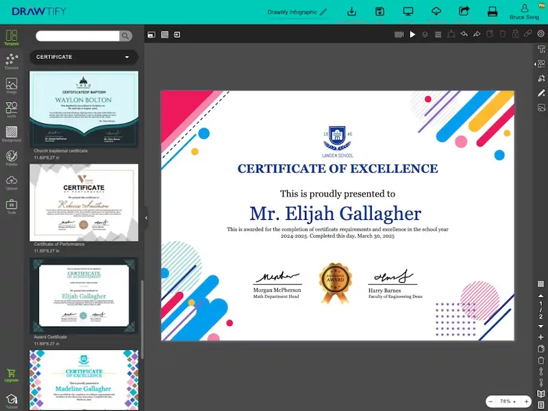 This is editor of Drawtify's online free certificate maker.
